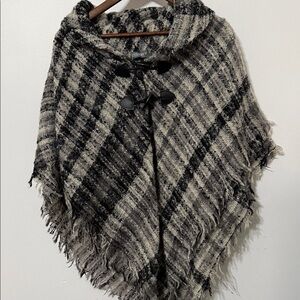 Elegant Black and Gray Plaid Hooded Poncho